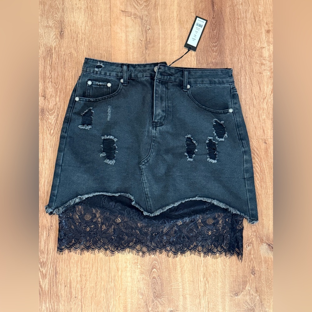 Black Denim Skirt with Lace Hem